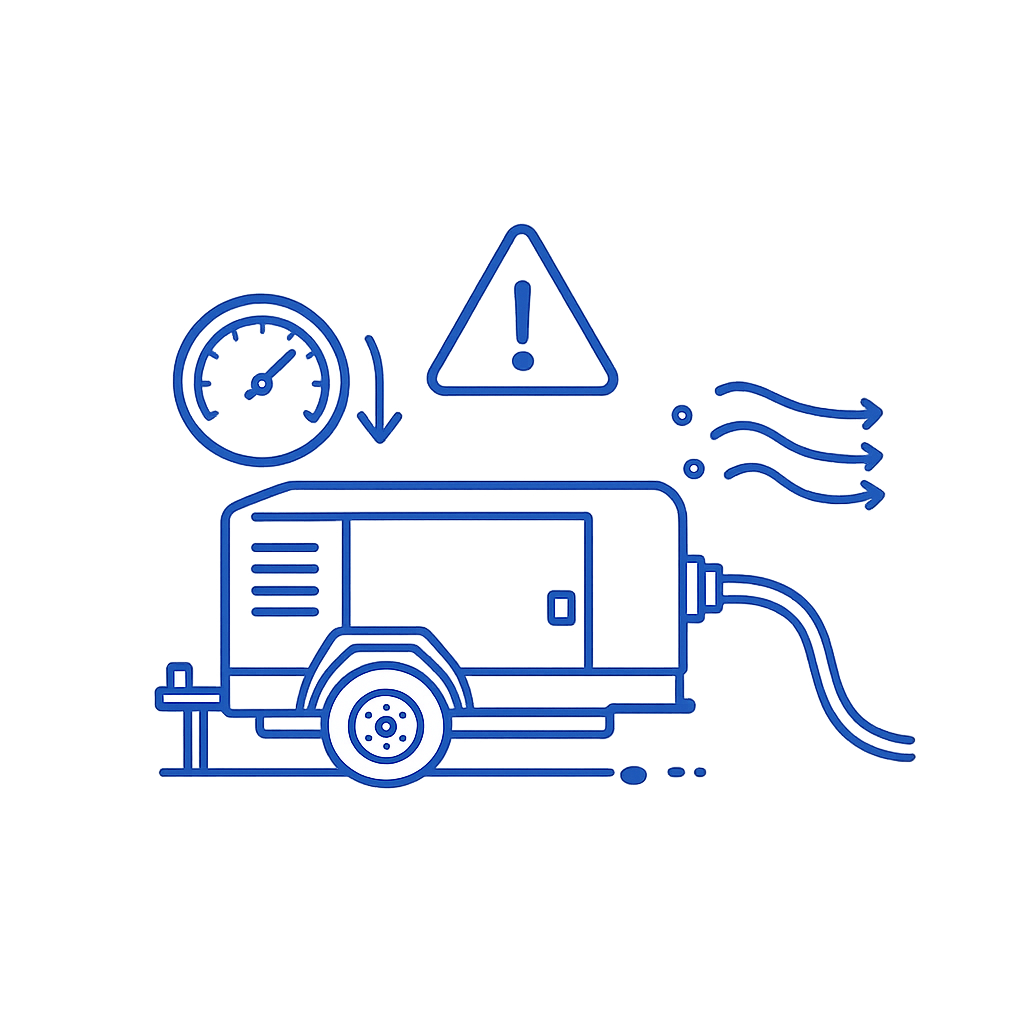 Illustration av mobil kompressor med varning för felaktig dimensionering