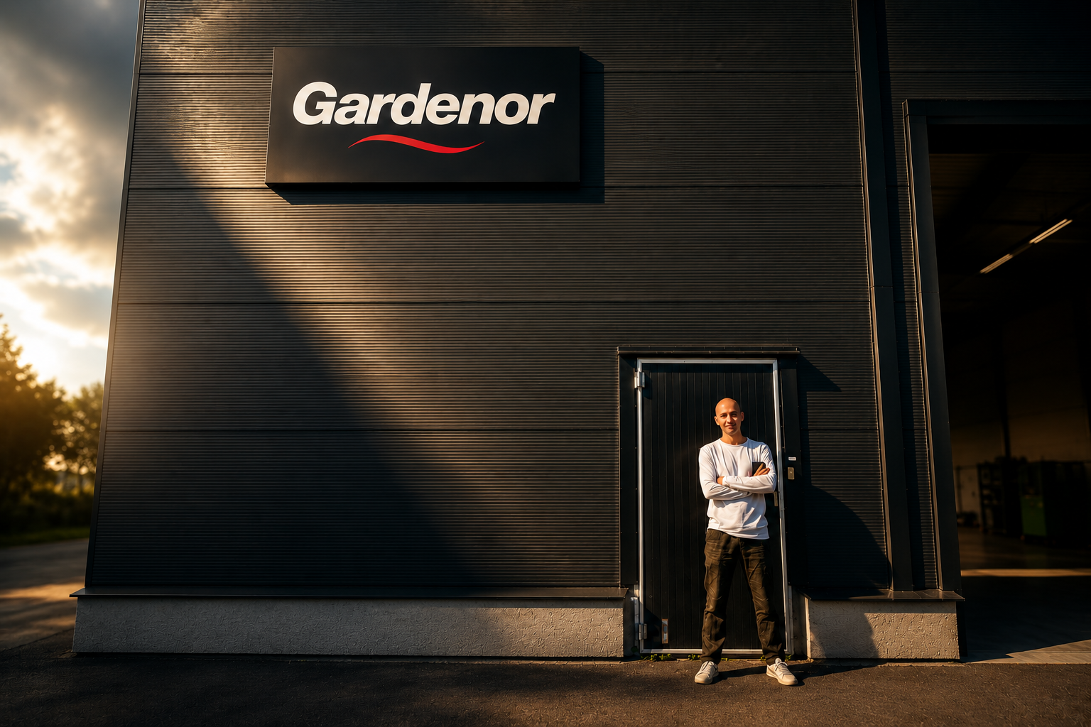 Man utanför Gardenors moderna fastighet i solnedgång